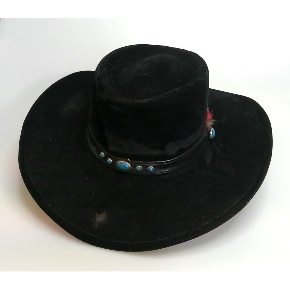 Bailey U-Rollit Black Western Hat Turquoise Concho Band Feather Sz 6 7/8 USA